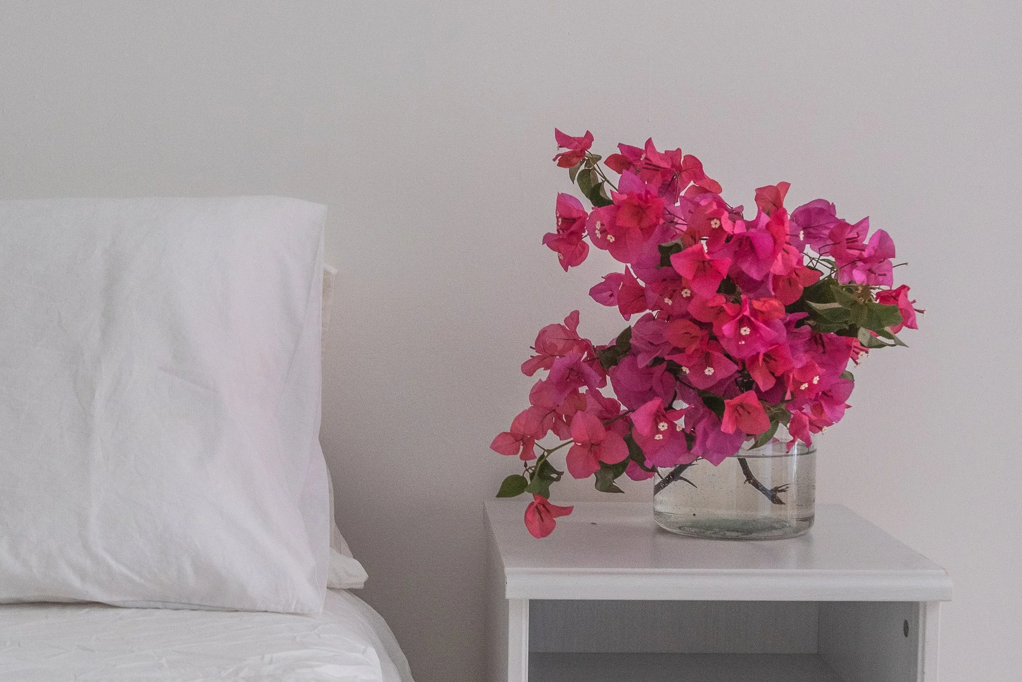Weißes Bett mit Kissen neben einem Nachttisch mit einer Vase voller pinker Bougainvillea-Blumen gegen eine neutrale Wand.