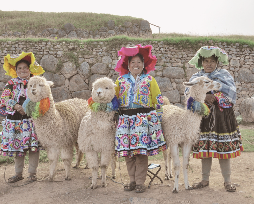 Three women in traditional colorful clothing and large hats, standing outdoors with llamas, in front of a stone wall and grassy hill.