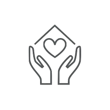 Outline drawing of two hands holding a house with a heart inside it.