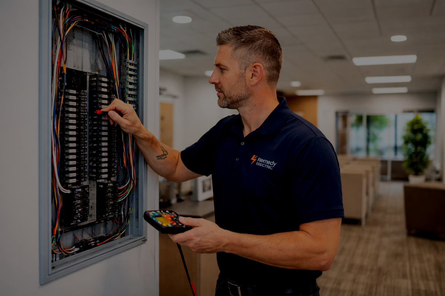 Master electrician performing a commercial electrical panel upgrade in an office building