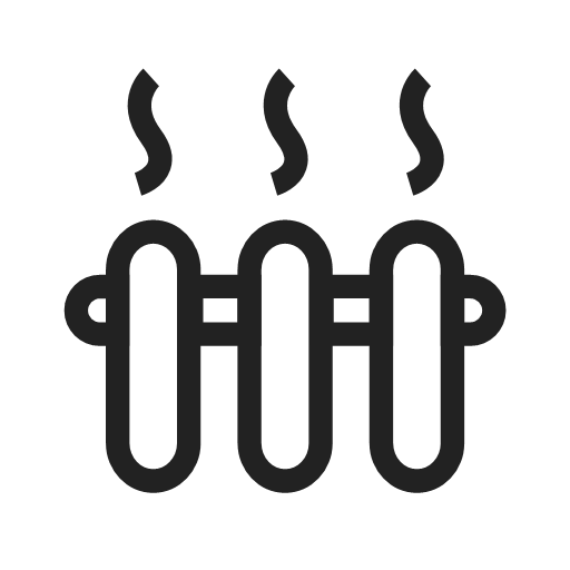 Icon of three hot steam lines above a centered heater or radiator with two knobs on each side.