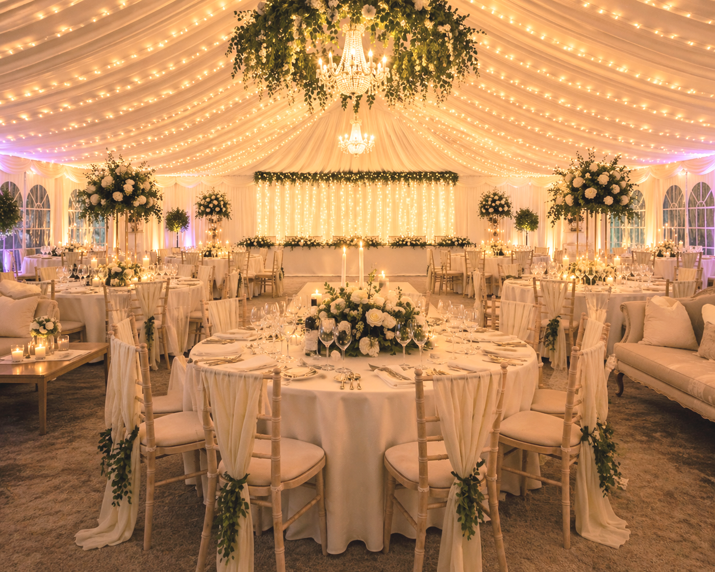 Beautiful marquee with amazing interior, lighting, lining, tables and chairs