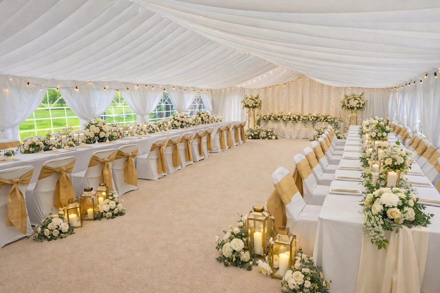 Wedding marquee hire Oxfordshire with elegant table and chair setup
