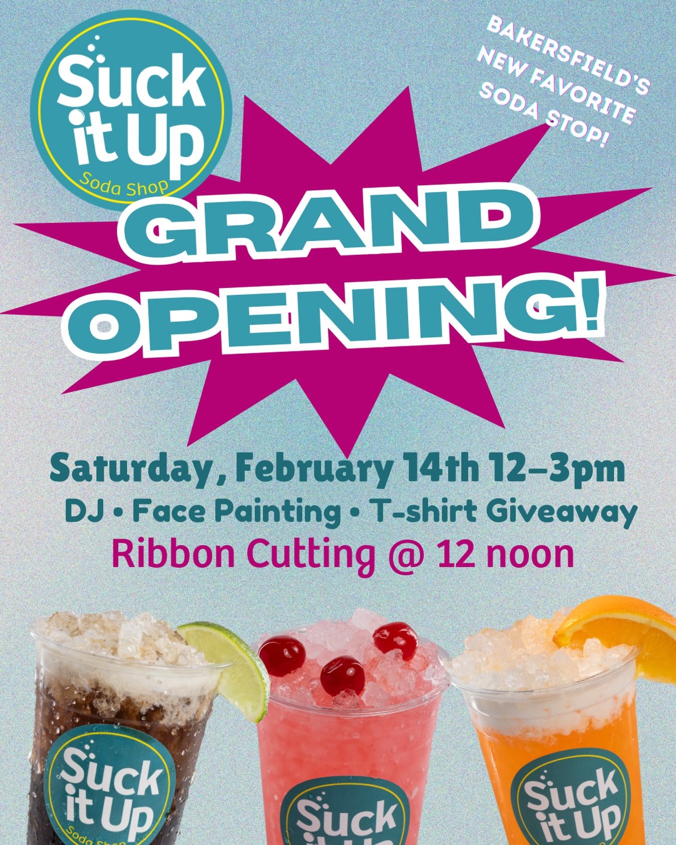 Come celebrate our grand opening with us! What a fun event to attend on Valentine&rsquo;s Day🥳 order your favorite drink &amp; snack and hangout! Business hours will be 10am-9pm with grand opening celebration 12-3! Thank you Bakersfield for the best