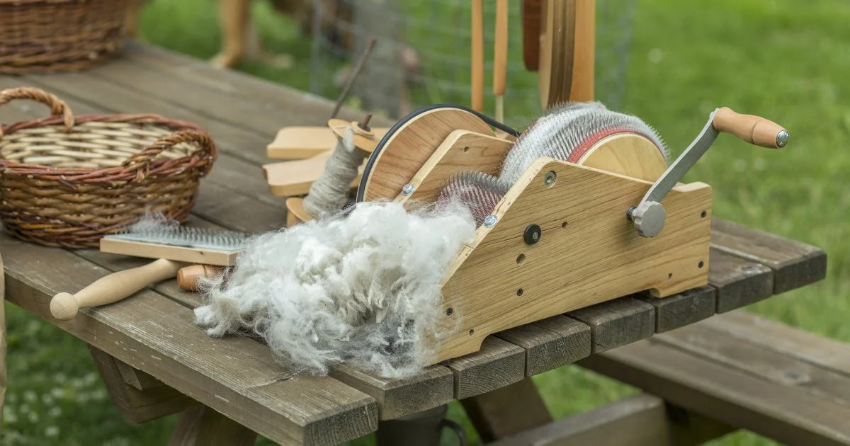 A wool carder or drum carder on a wooden table, with wool fibers, baskets, and tools for fiber processing outdoors.