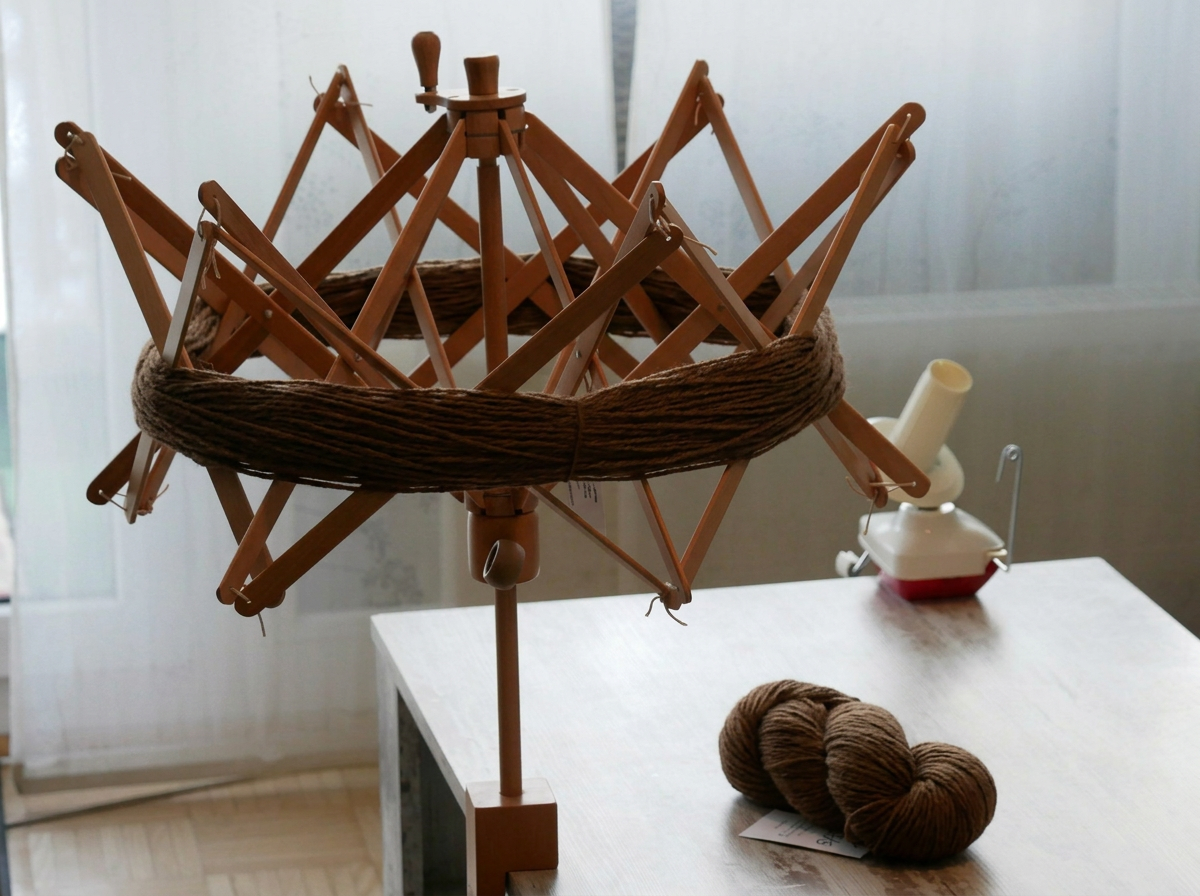 A wooden yarn swift with a cone shape, wrapped in brown yarn, on a table.