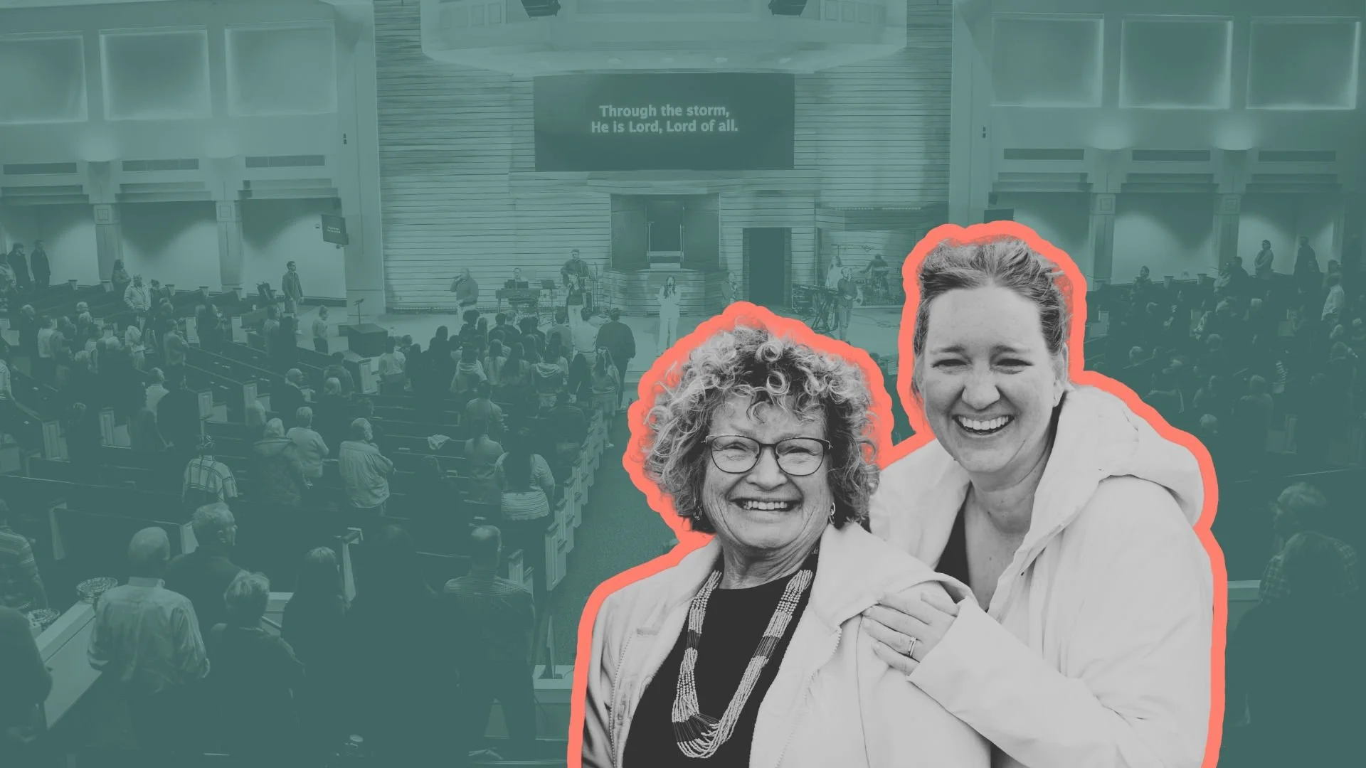 two women smiling in front of a background of a church gathering