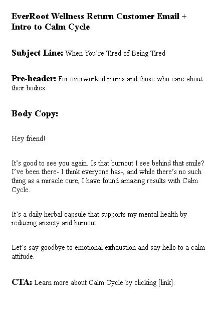 EverRoot Wellness Return Customer + Intro to Calm Cycle Spec Email