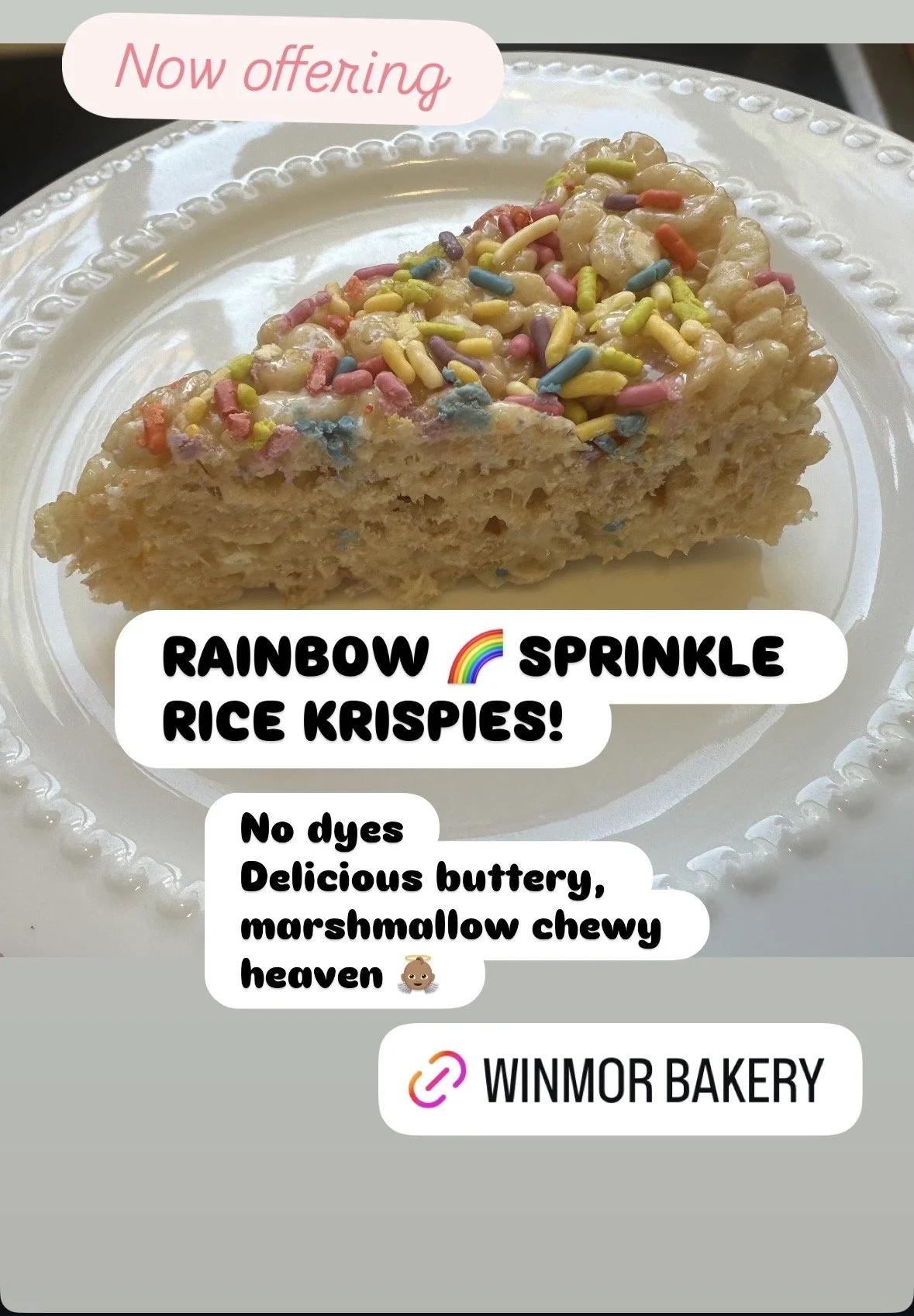 Close up of a delicious meaty rainbow sprinkle rice krispy treat on a white plate. Winmor bakery.com in Tucson, AZ.
