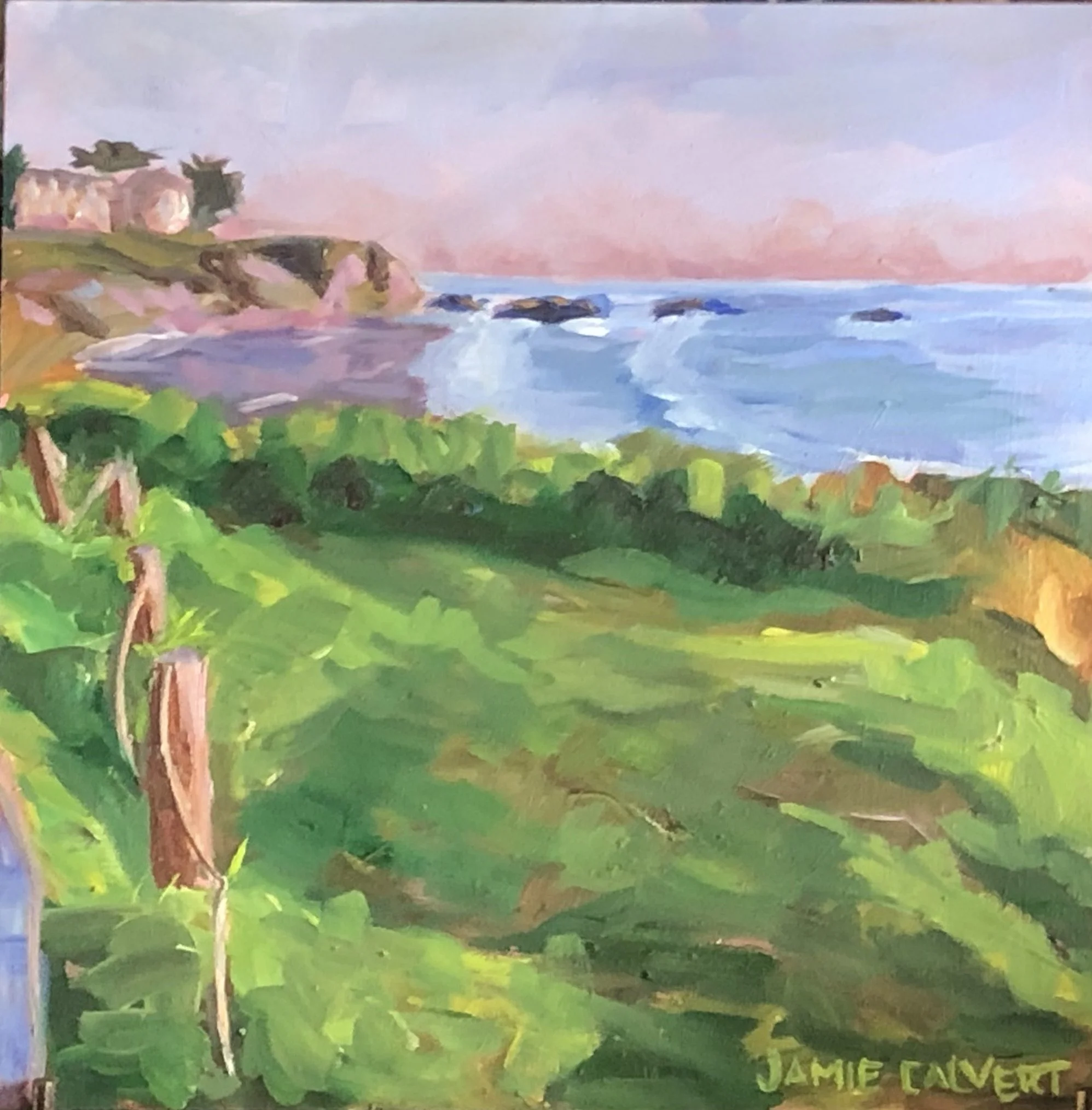 "Sunset light", 6" x 6", oil on wood panel, Cambria, CA.  Available $200.