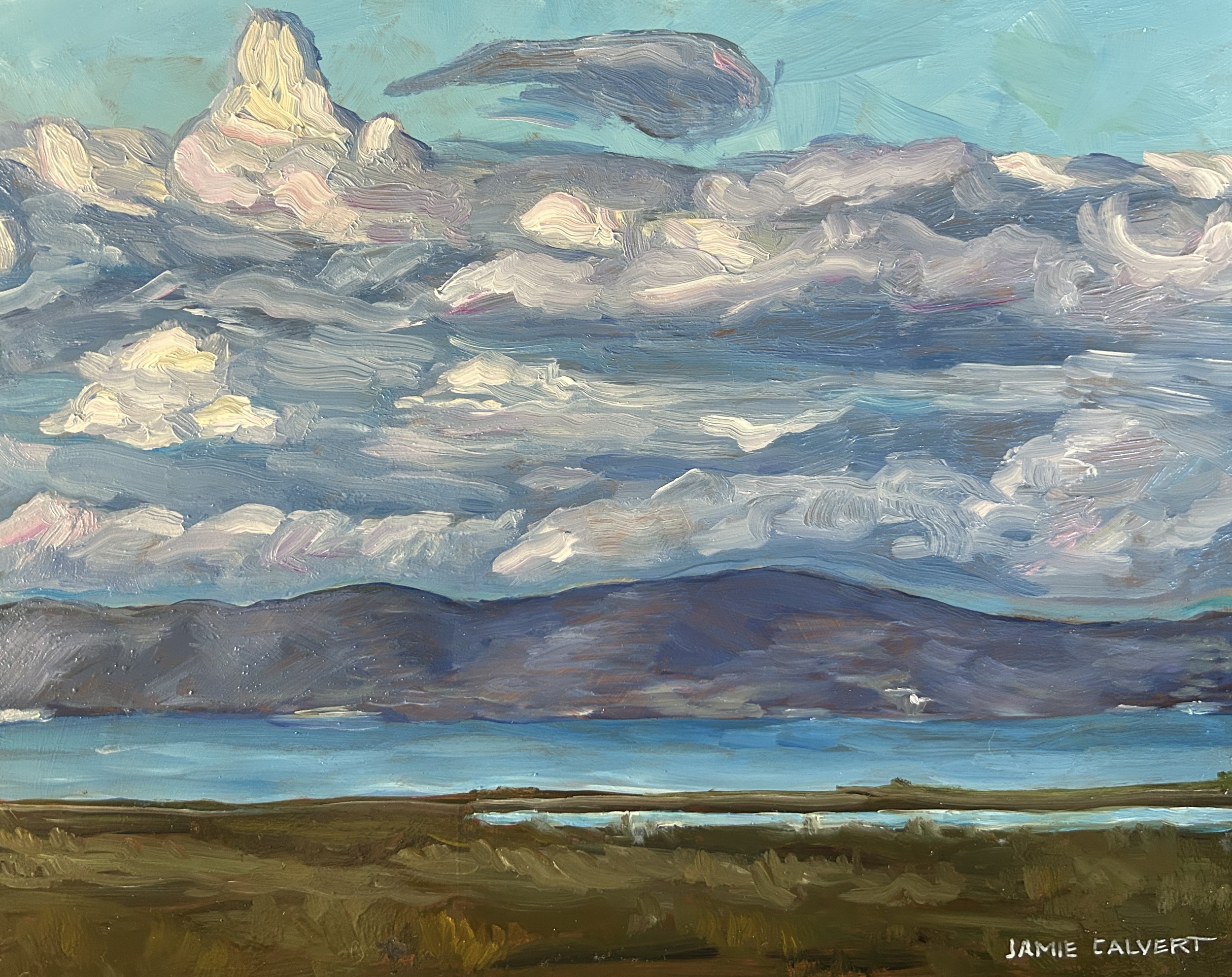 "A Symphony of Clouds", oil on wood panel, 8" x 11".  San Francisco Bay Trail.  Available.