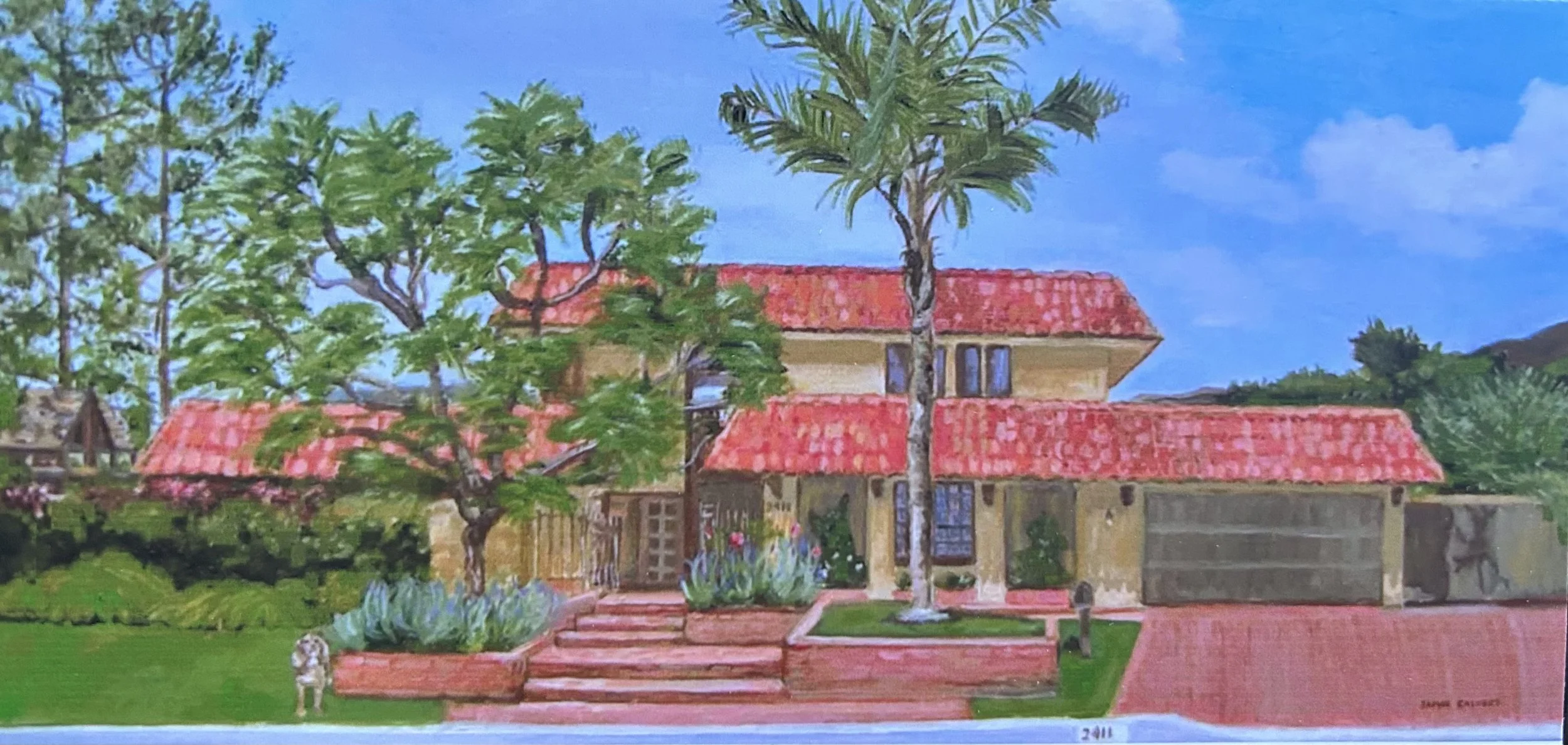 Palisades Home with Dog.  12" x 24", oil on linen canvas.  Commissioned.