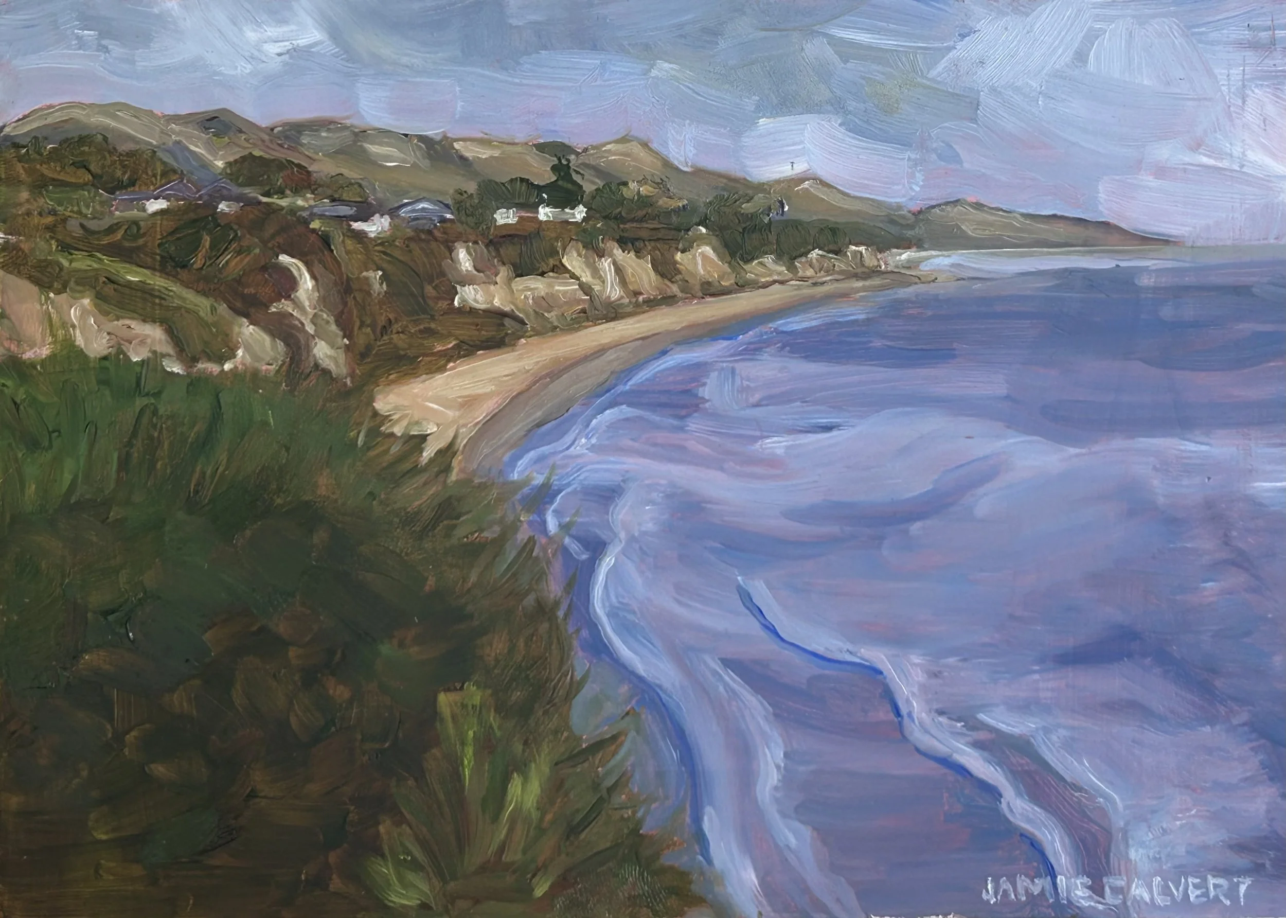 "Big Dume dusk", Oil on cradled wood, 5" x 7", Malibu, California.  Available.  $200.