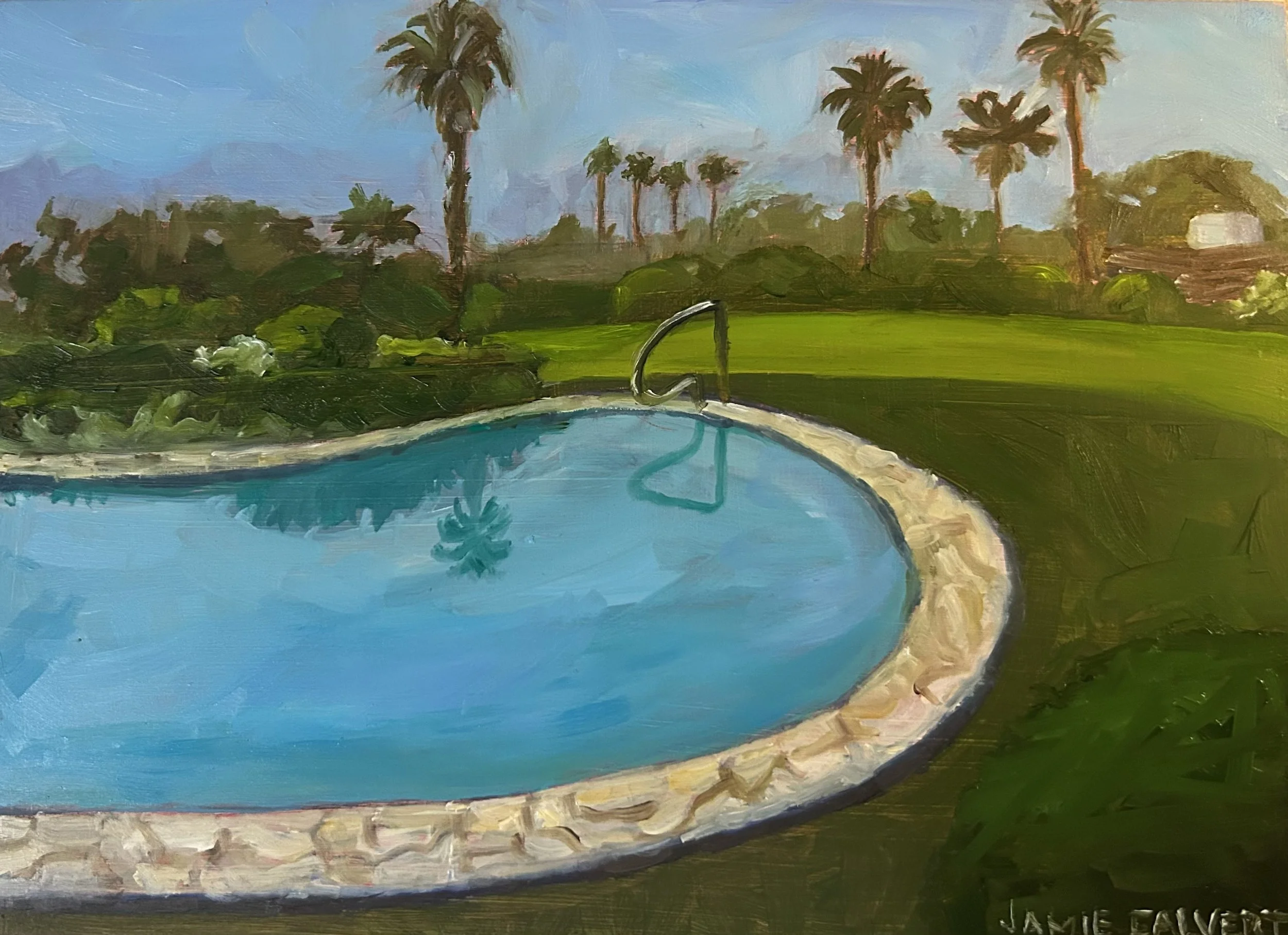 "The Pool",  5" x 7", oil on cradled wood.  Rolling Hills, CA.  SOLD.