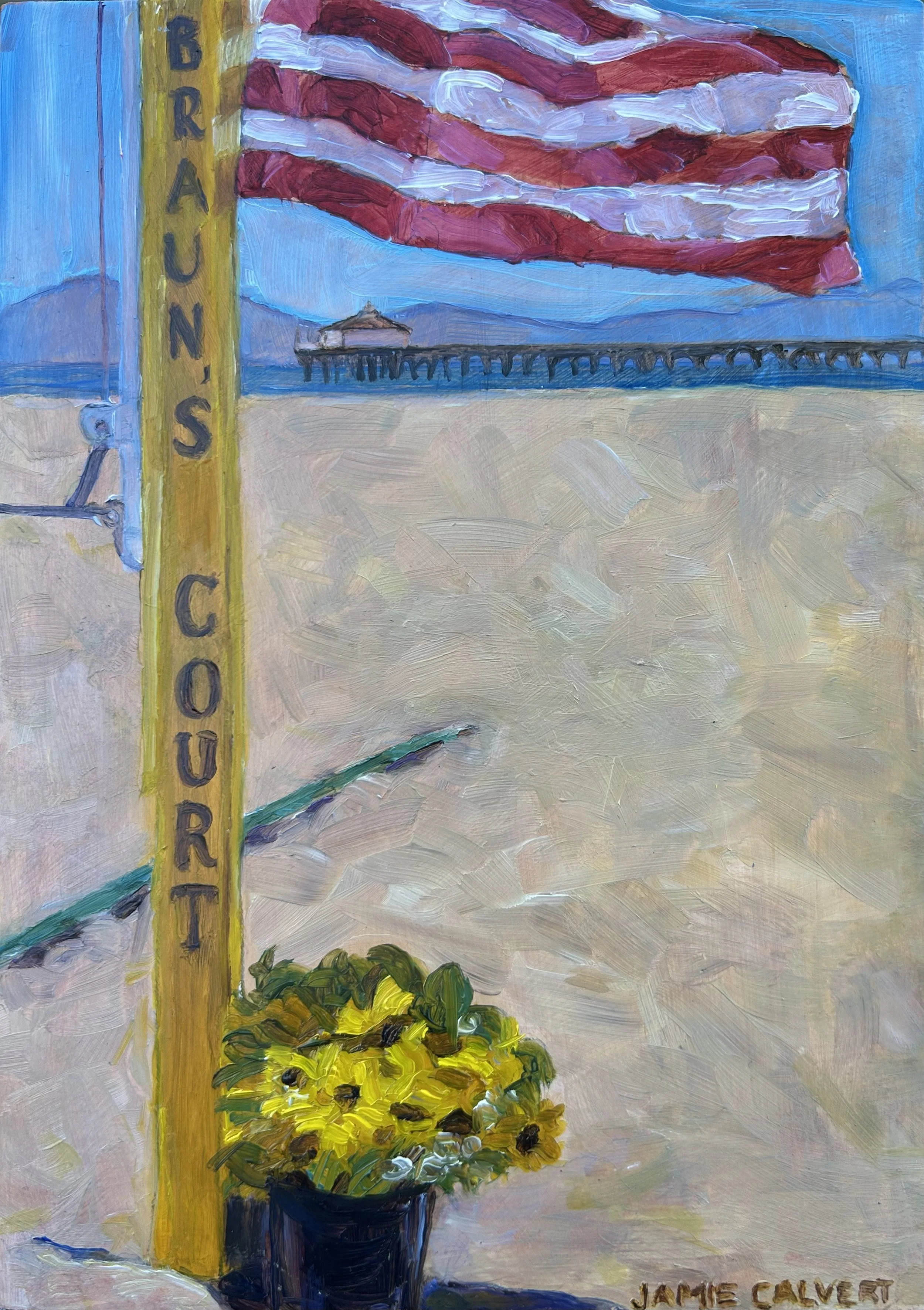 "Braun's Court", Oil on cradled wood, 5" x 7", Hermosa Beach, California.  Donated.