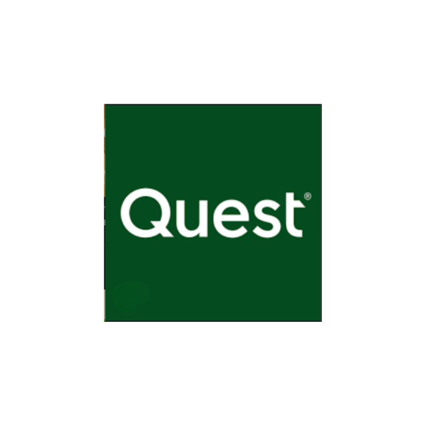 Quest logo with green background and white text.