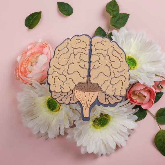 A cutout illustration of a human brain placed on a pink background surrounded by white daisies and pink roses, with some green leaves scattered around.
