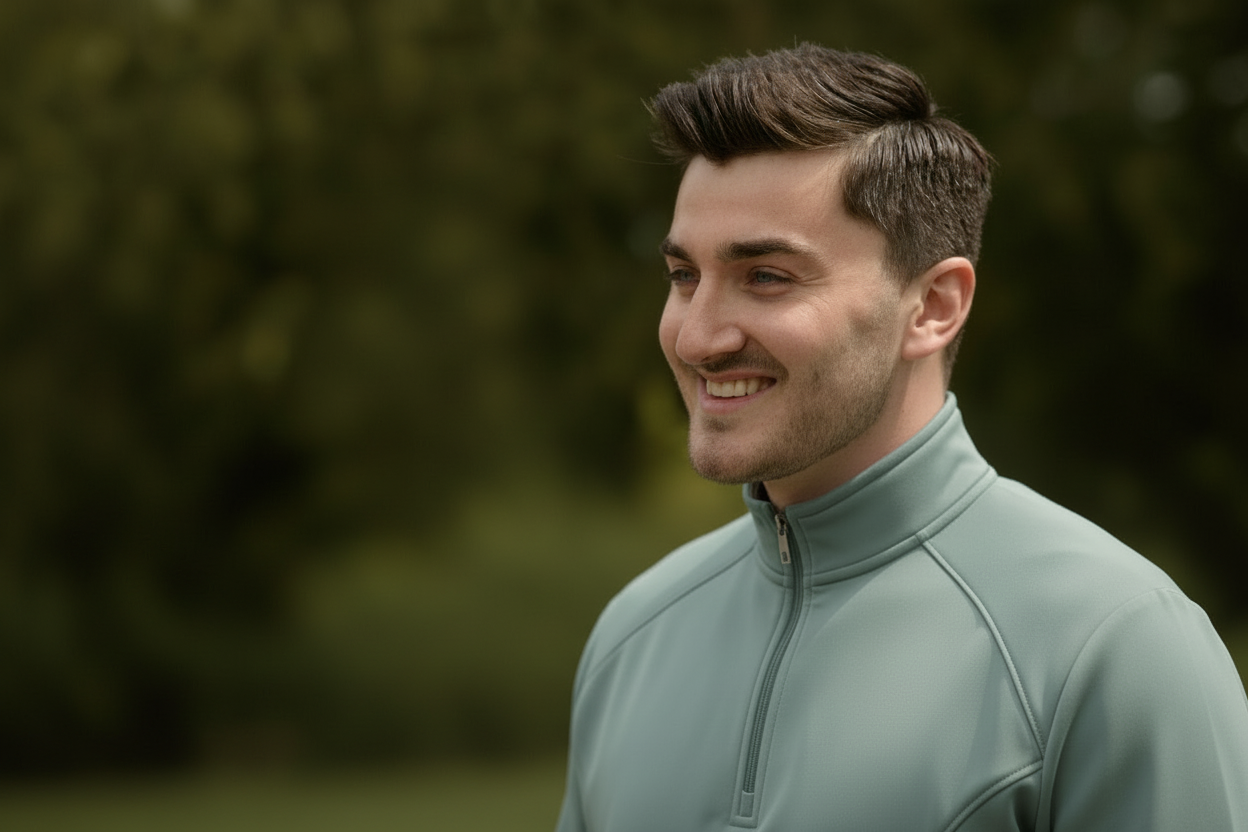 A smiling man with short, dark hair wearing a light green athletic jacket, outdoors with blurred green foliage in the background.