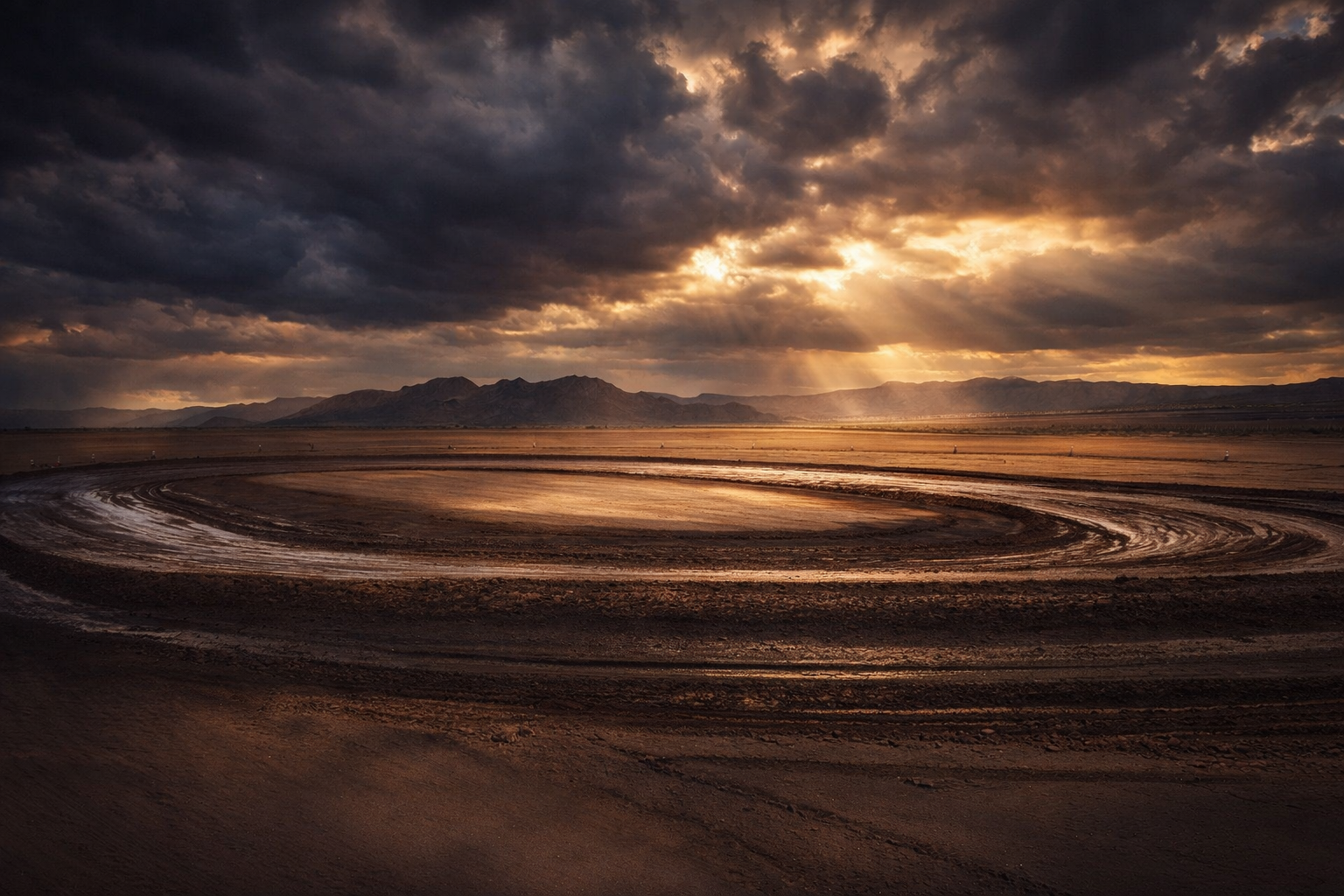 A dirt racetrack in a vast open landscape under a dramatic cloudy sky with sun rays breaking through, mountains in the background.