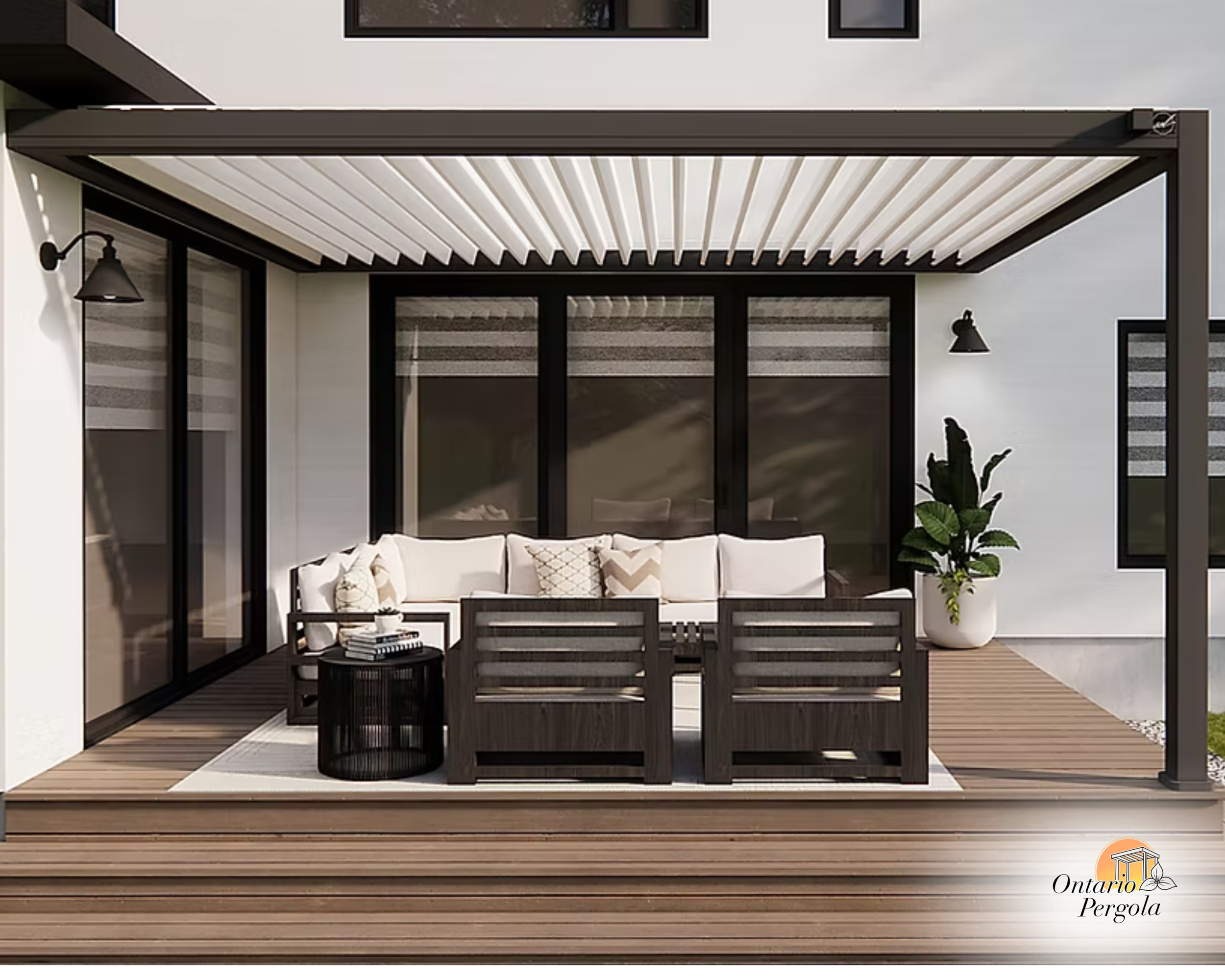 Black and white pergola, outdoor patio