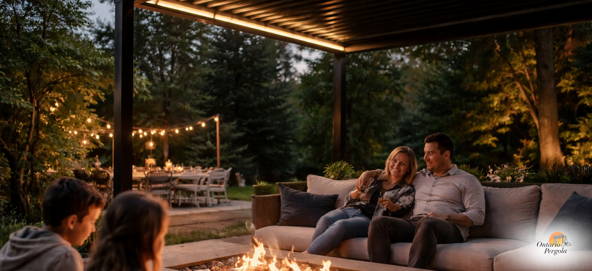 Ontario Luxe Pergola with LED lights, dusk firepit family