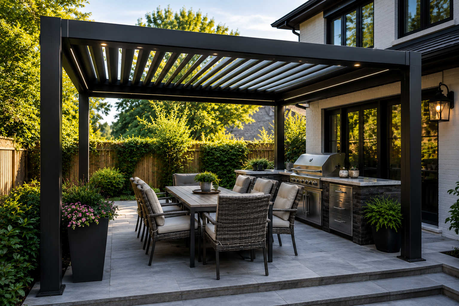 Modern custom aluminum pergola over a backyard patio illustrating common pergola buying considerations for Ontario homeowners.