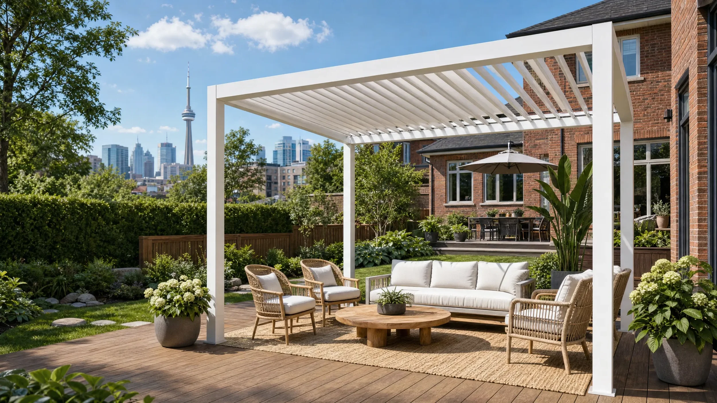 White aluminum pergola installation in a Toronto backyard with CN Tower skyline view