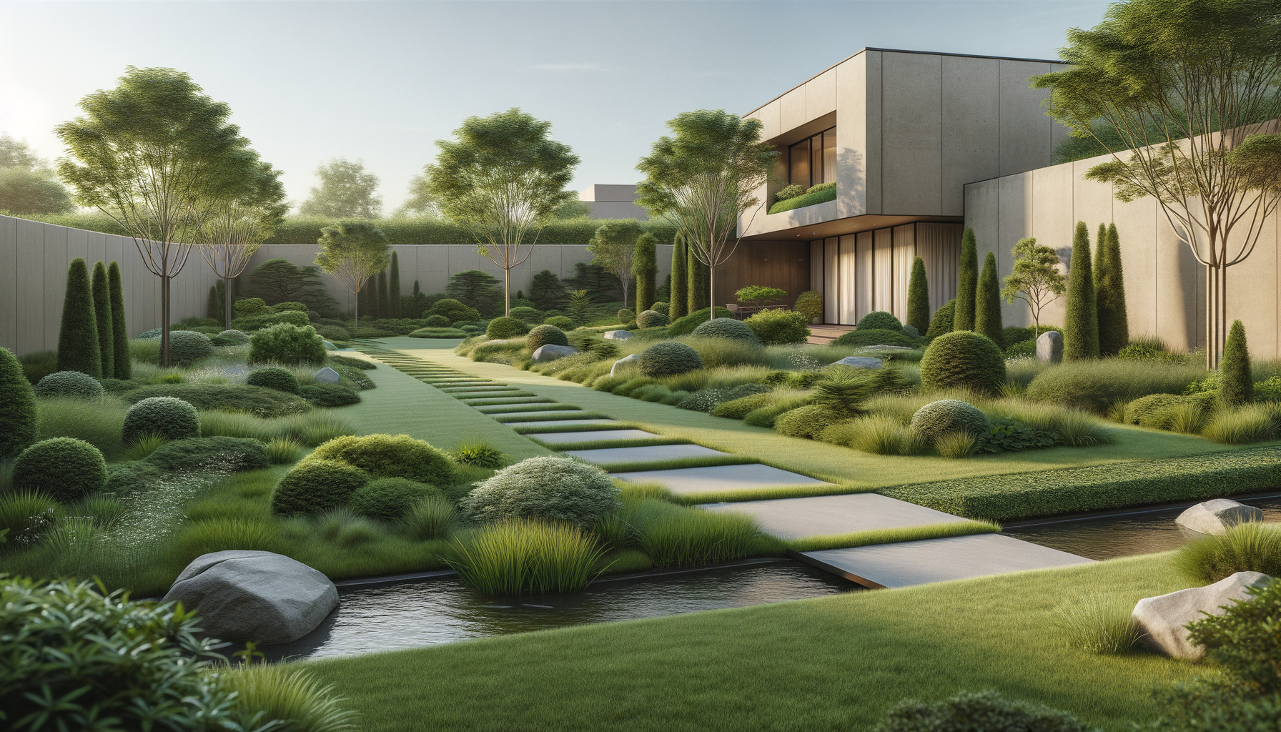 Modern house with landscaped garden featuring trees, bushes, rocks, and a small pond, with stepping stones leading through it.