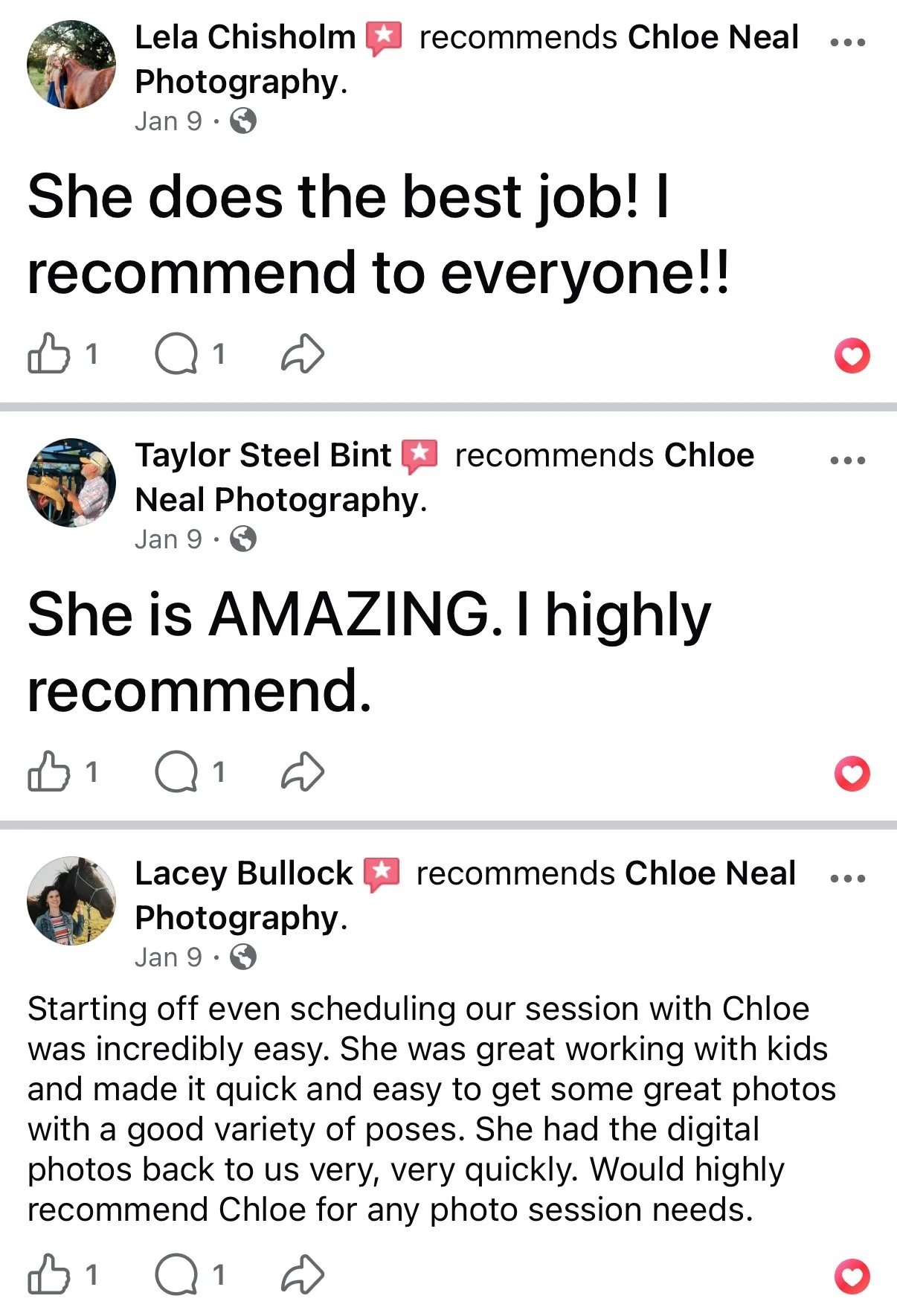 Screenshots of Facebook reviews recommending Chloe Neal Photography.