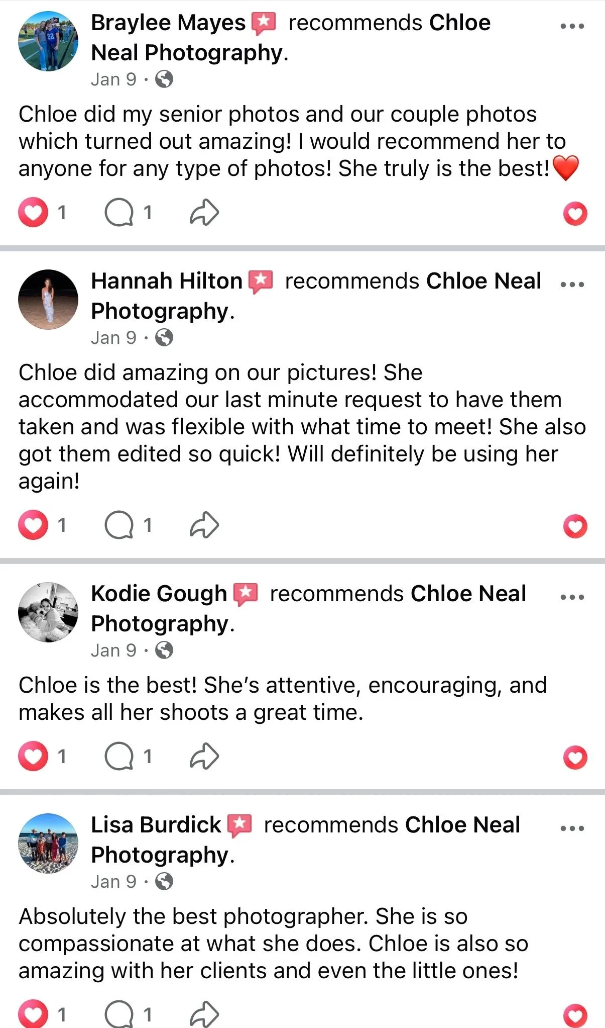Screenshots of four Facebook reviews praising Chloe Neal Photography, with positive comments about her service, attentiveness, and quality of photos.