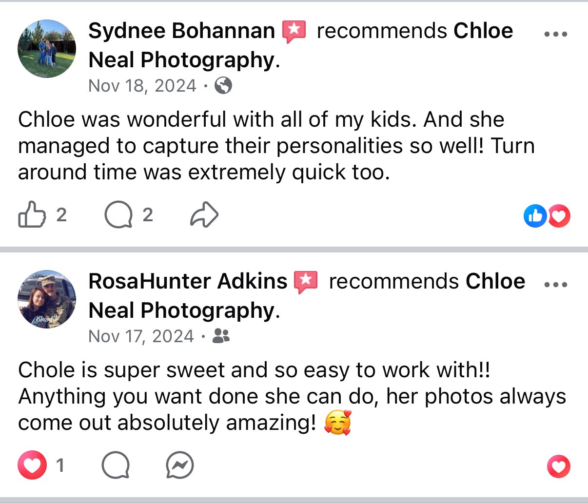 Screenshot of two Facebook reviews praising Chloe Neal Photography, highlighting the photographer's ability to capture personalities and produce stunning photos.