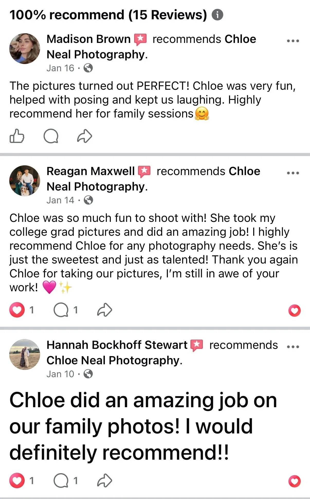 Screenshots of Facebook reviews praising Chloe Neal Photography, highlighting positive experiences with photographing families and graduation pictures.