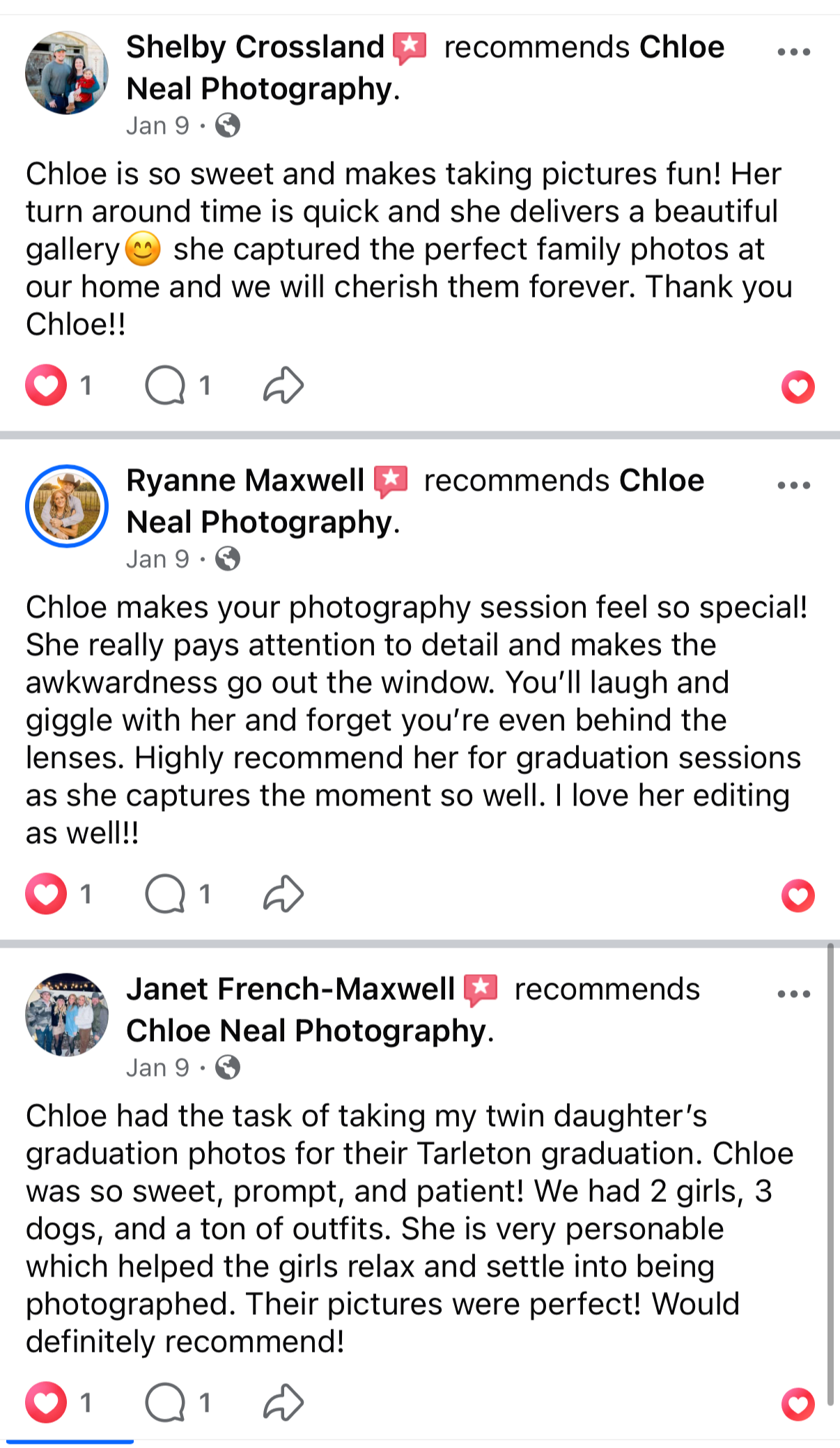 Screenshots of Facebook reviews praising Chloe Neal Photography for various family and graduation photoshoots. The reviews highlight Chloe's kindness, attention to detail, patience, and excellent photography skills.