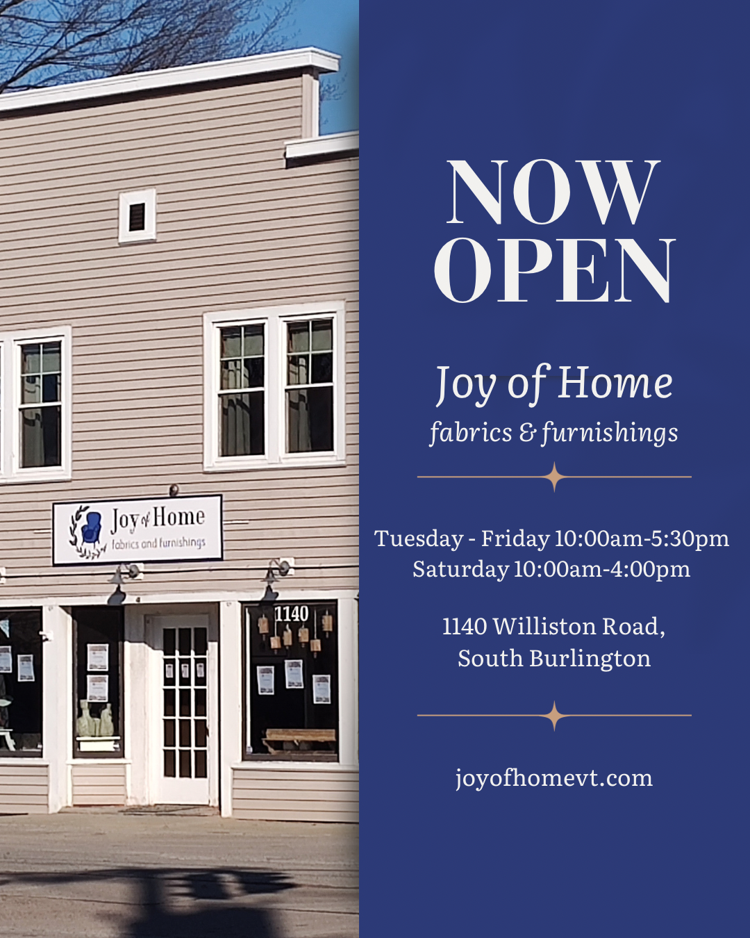 Blue and beige storefront sign announcing Joy of Home fabrics and furnishings as now open, with business hours and location details.