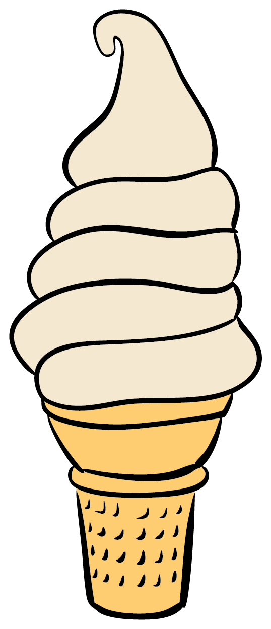 Illustration of vanilla soft serve ice cream in a waffle cone with black lines and a black background.