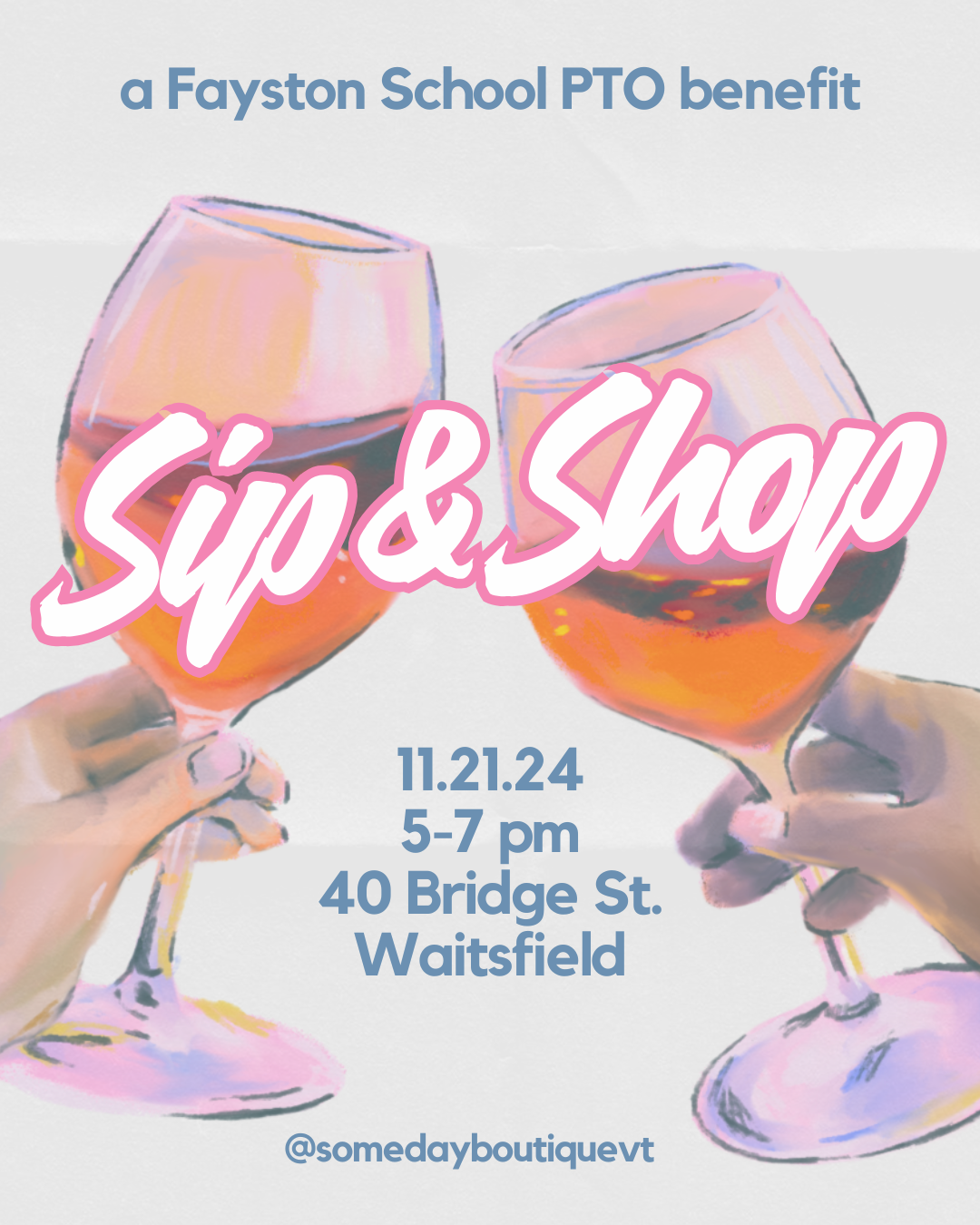 Digital illustration of two glasses of rosé wine raised in a toast, with pink and orange hues, overlaid with text promoting a wine tasting event for a school PTO benefit, including date, time, location, and social media handle.