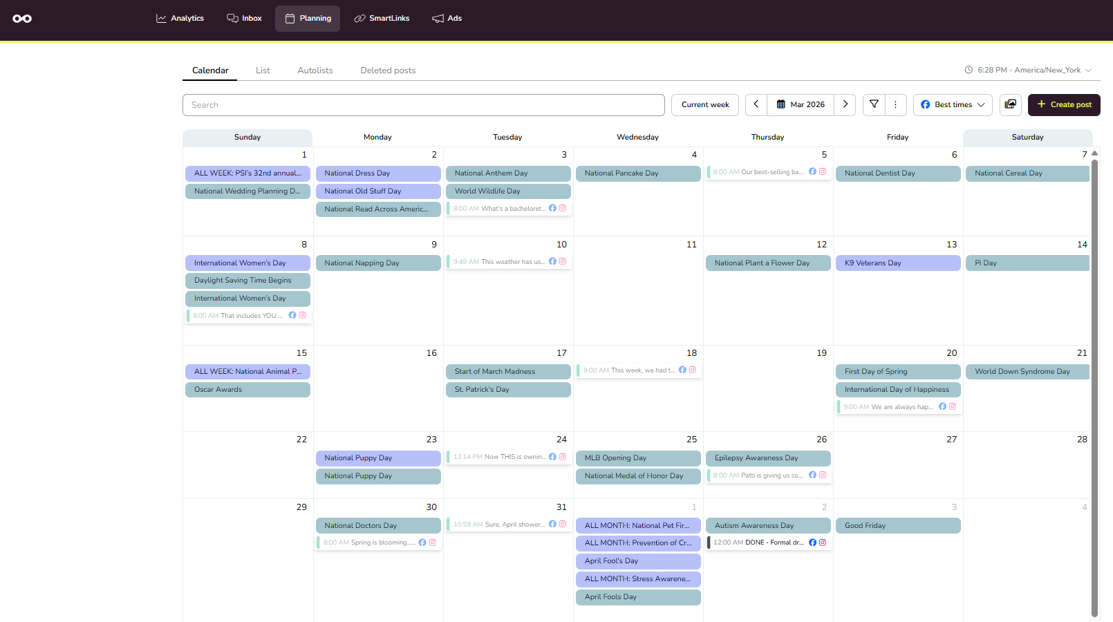 Example monthly social media content calendar built in Metricool for brand awareness