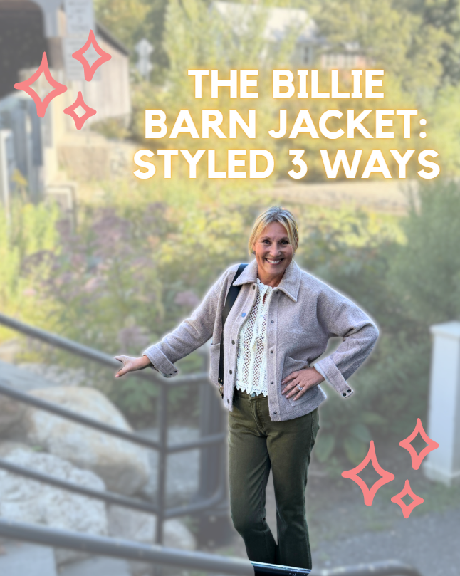 Cover photo for a guide on styling the Billie Barn jacket three ways, showing a smiling woman outdoors in a gray jacket over a white shirt, with trees and houses in the background, and pink decorative sparkles.