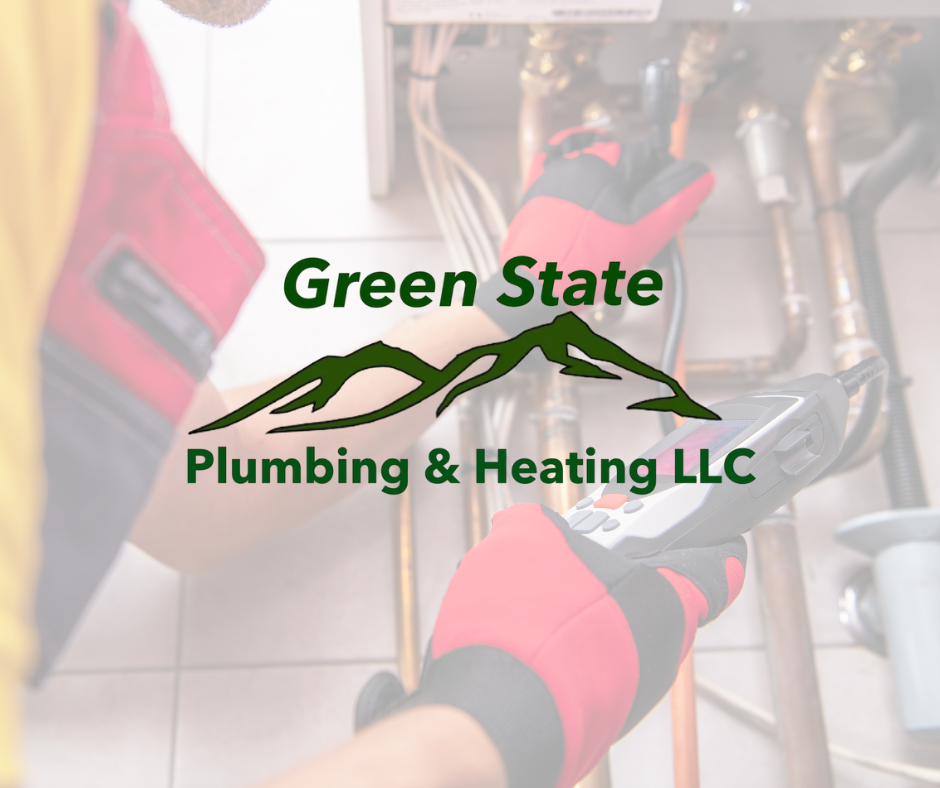 A person wearing gloves is using a multimeter to check plumbing pipes under a sink in a kitchen. The overlay contains the logo for Green State Plumbing & Heating LLC with mountain graphics.