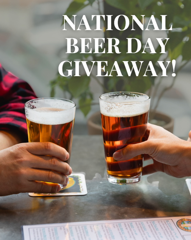 Two people clinking glasses of beer during National Beer Day celebration at a table with a menu and a plant in the background.