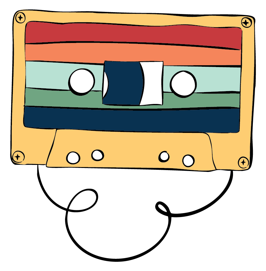 Colorful illustrated cassette tape with a beige body, red, orange, light blue, green, and dark blue stripes, and black spools.