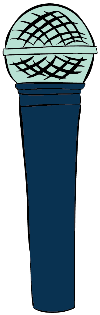 Cartoon illustration of a microphone with a round, light-colored head and a dark blue handle.