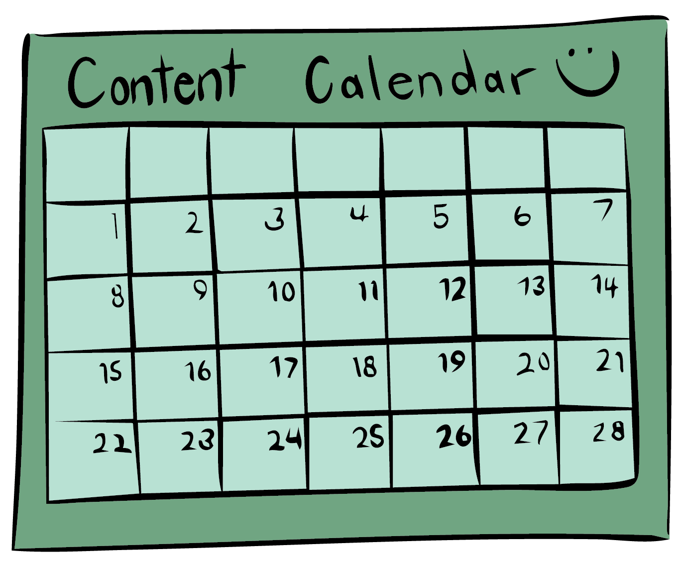 A hand-drawn content calendar with the title 'Content Calendar' and a smiley face. It displays a grid with the days of the month numbered from 1 to 28.