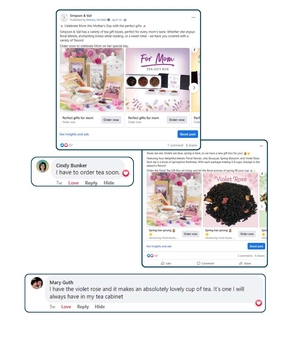 Facebook post promoting Mother's Day gift boxes and teas with images of floral tea gift sets, tea leaves, and related products, along with comments from users about ordering tea and violet roses.