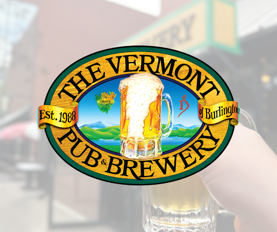 Colorful logo of The Vermont Pub & Brewery featuring a beer mug with foam, a scenic landscape of mountains and water, and text indicating establishment since 1988 in Burlington.
