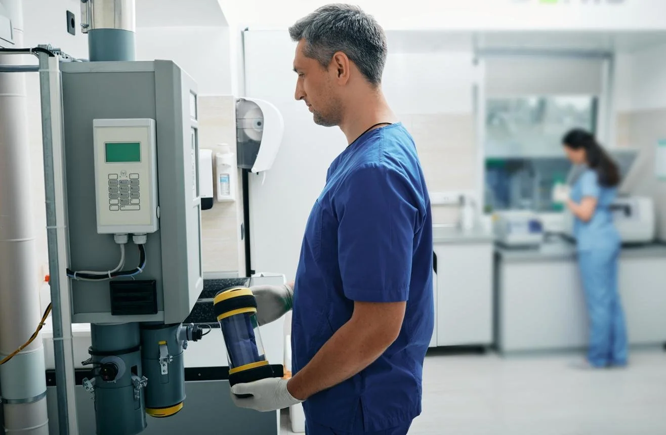 A male healthcare professional in blue scrubs operating a laboratory machine in a clinical setting, with a female healthcare worker in the background working at a counter.