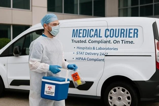 A healthcare worker in scrubs, surgical mask, and gloves holding a biohazard container and a small yellow container with a biohazard symbol, standing next to a white medical courier van labeled with services for hospitals and laboratories.