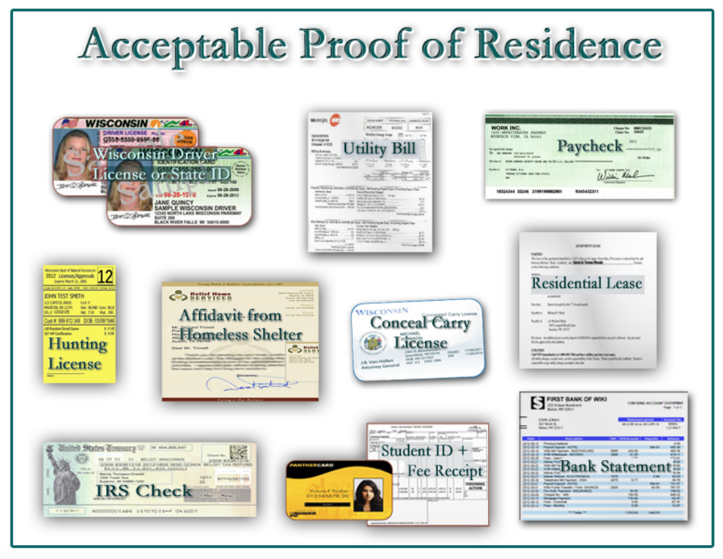 Collection of documents including driver's license, utility bill, paycheck, rental lease, hunting license, affidavit for homeless shelter, concealed carry license, IRS check, student ID with fee receipt, bank statement, and bank account statement, titled 'Acceptable Proof of Residence'.