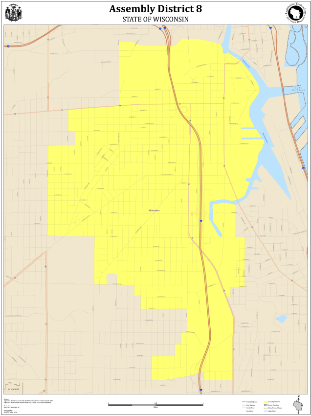Map of Assembly District 8 in Wisconsin, highlighting district boundaries in yellow, with major roads, waterways, and surrounding areas labeled.