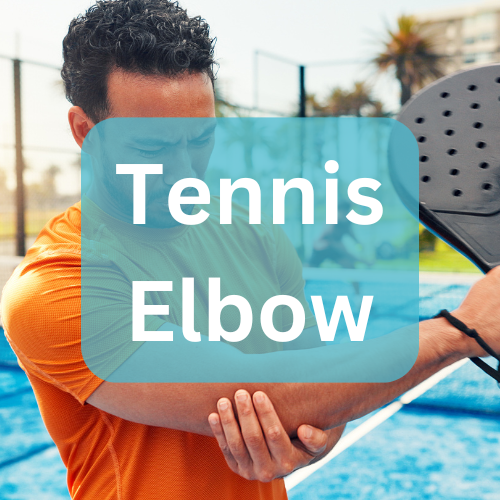A man with curly hair wearing an orange shirt stretching his arm before playing tennis at the outdoor court.